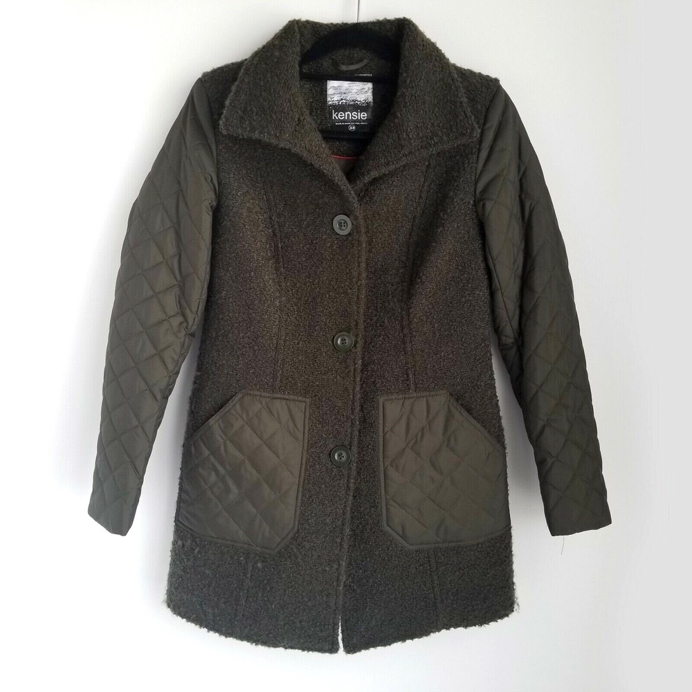 Kensie Quilted Faux Fur Jacket Womens XS Button Front Dark Olive Green
